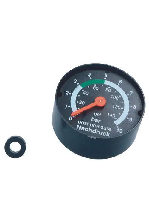 Manometer mit einer Skala von 0 bis 10 bar. Anschluss auf der Rückseite. Das Produkt gehört zur Marke Judo. Ein schwarzes Gehäuse mit einem Messzeiger in Rot.